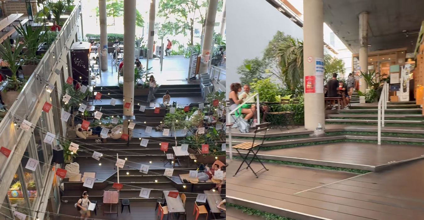 ภาพบันไดกลางและพื้นที่นั่งกึ่งเอาต์ดอร์ของ The Commons Thonglor แสดงความสัมพันธ์ระหว่างการหยุดพักและการเคลื่อนตัวขึ้นสู่ชั้นบน