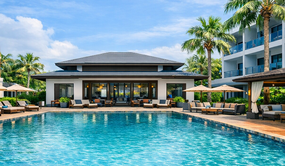 งานโซนเอาท์ดอร์รีสอร์ท สระว่ายน้ำ Infinity Pool และงานไม้เทียมภายนอก